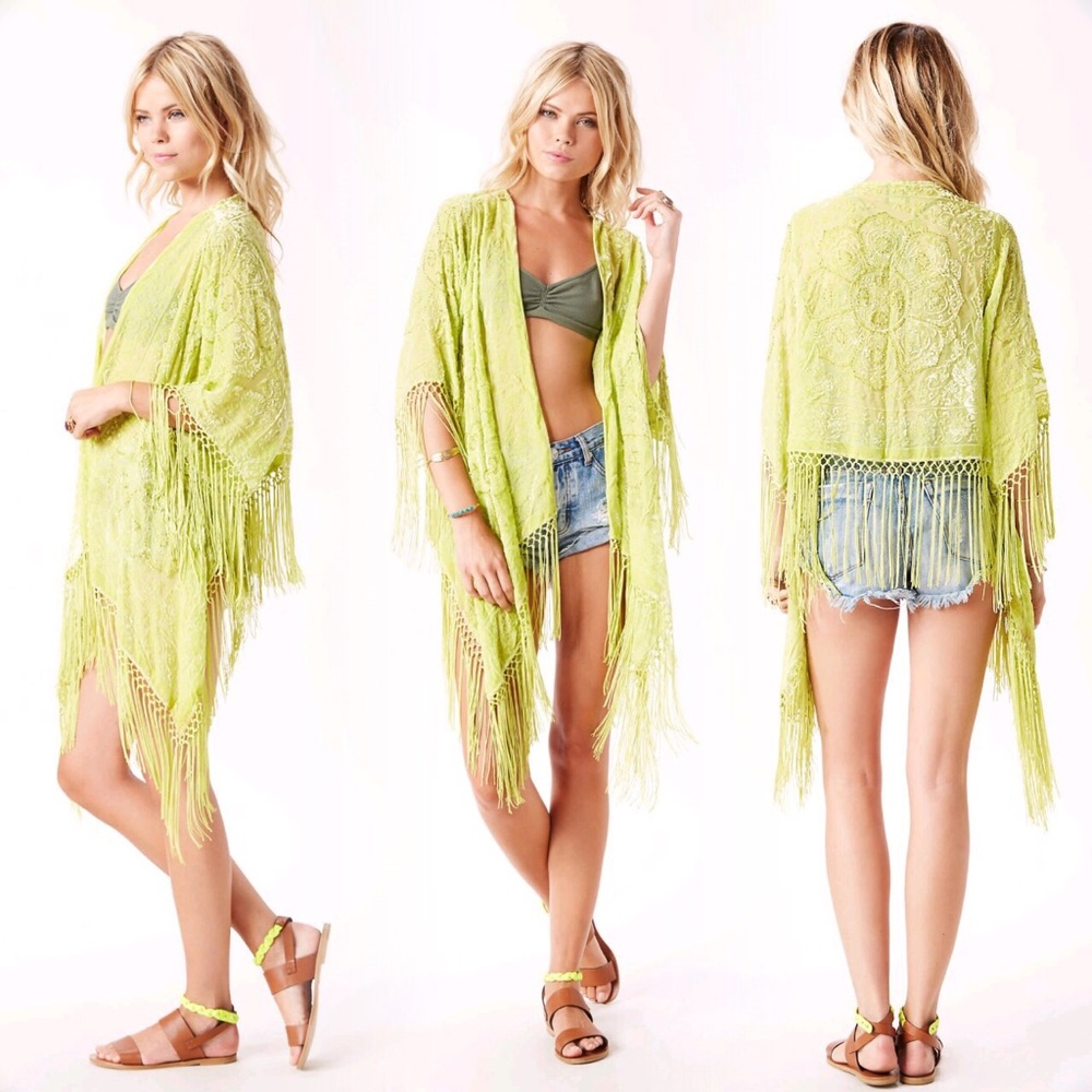 Planet Blue 🌎Lime Green Fringe Cropped Kimono🍋 - Picture 2 of 9